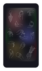 Set icons of hands holding fruits and berries, vector linear silhouette.