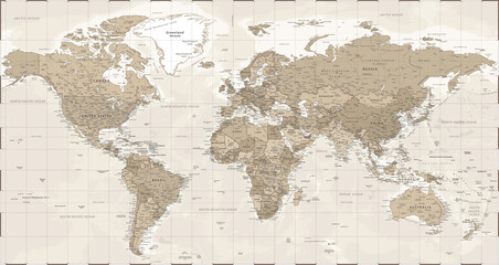 World Map - Vintage Retro Old Style - Vector Detailed Illustration - obrazy, fototapety, plakaty