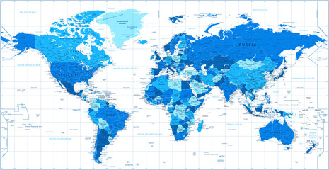 World Map - Political - Blue and White Color - Vector Detailed Illustration
