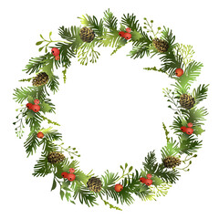 Christmas spruce wreath with red berries and cones. Fir wreath. Decorative element.
