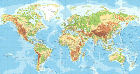 Fototapety  World Map - Physical Topographic - Vector Detailed Illustration