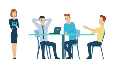 Office meeting. Teamwork at workplace. Business planning process. People talking and working at conference room. Vector cartoon interior. Discussion of the company business strategy