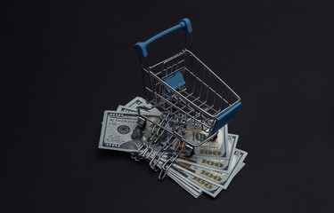 Hundred dollar bills wrapped in steel chain and mini shopping trolley on black background