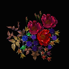 Blackberry fruit growing on branch and red roses flowers. Embroidery. Autumn harvest background. Fashion template for clothes, textiles and t-shirt design