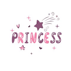 Vector illustration of Little Princess hand lettering quote on pink dots background, text for girls clothes. Royal badge