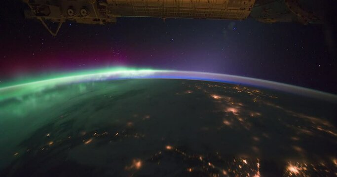 4k ProRess 422: Timelapse Aurora Borealis Pass Over United States at night from Southwestern United States to Southeastern Quebec, Eastern Canada until the sunrise from international Space Station ISS