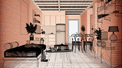 Home renovation, house development concept background, interior design under construction, custom architecture design project, black ink sketch, blueprint showing kitchen, living room