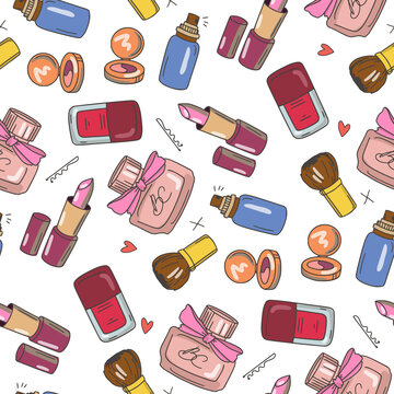 Seamless pattern with cosmetics. Doodle style. Makeup products. Girls stuff. Perfume, mascara, powder. Elements for visage. Hand-drawn vector. Isolated white background.