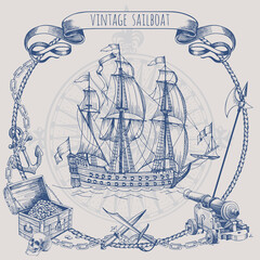 Adventure stories. Pirate background. Old caravel, vintage sailboat. Cannon, ghost ship, shipwreck, sea battle