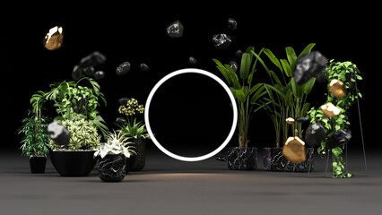 Various green leaves in marble pots And a geometric shape with a glowing LED light On a black background 3d rendering