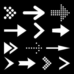 Icon Set of Flat White Arrows. Isolated Arrow Icon Set Collection for Back and Next User Interface Icons. Different Shape Concept for Previous or Forward Minimal Web Buttons on Black Backdrop
