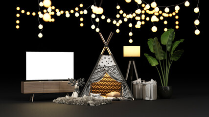 Camping tent and lighting with a TV screen to hold the desired content for home quarantine during covid-19 virus, stay at home. 3d render.