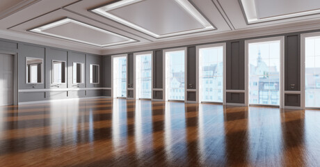 Classic empty interior apartment with wooden floor