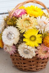 Autumn decoration of strawflowers on the table