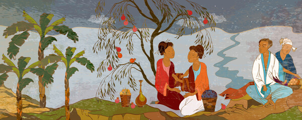 Orientalische Menschen. Tee-Zeremonie. Traditionelle chinesische Malerei. Tradition und Kultur Asiens. Antikes China. Klassische Wandzeichnung. Wandmalereien und Aquarelle im asiatischen Stil. Handgezeichnete Vektorillustration © Matrioshka