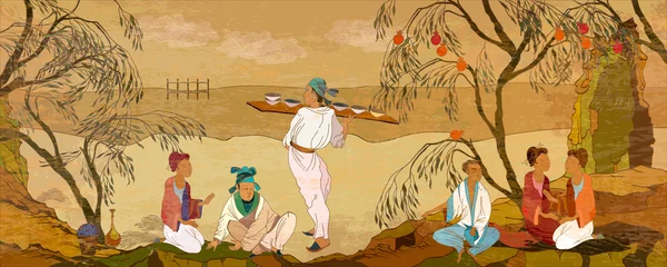Tee-Zeremonie. Antikes China. Handgezeichnete Vektorillustration. Orientalische Menschen. Klassische Wandzeichnung. Wandmalereien und Aquarelle im asiatischen Stil. Traditionelle chinesische Malerei. Tradition und Kultur Asiens © Matrioshka