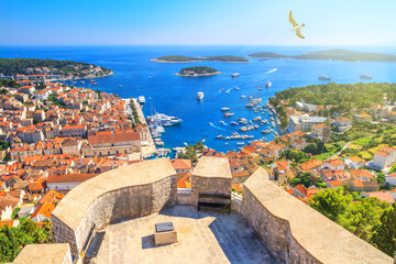 Coastal summer landscape - top view of the City Harbour and marina of the town of Hvar from the...