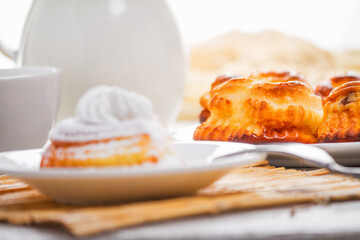 Cheese curd dish for breakfast - sweet cottage cheese pancakes, syrniki, curd fritters, selective focus