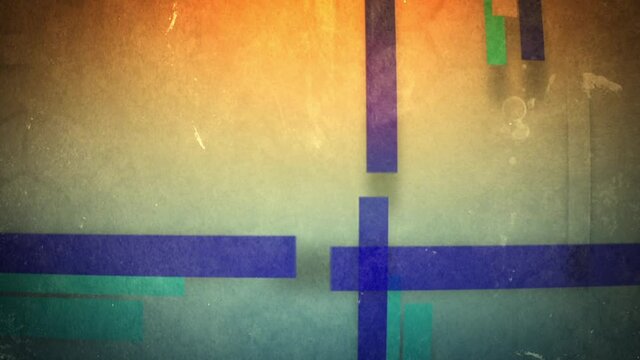 A geometric motion background with long cyan and dark blue rectangles that move perpendicularly behind a smudged grunge texture with a fish eye camera effect.