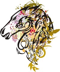 Splattered horse head with dragon element. A linear mustang head with golden and colored floral splashes, feather elements and a dragon pattern inside for prints, tattoos, wallpaper, textiles, etc.