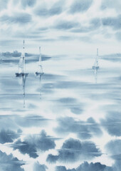 Sky reflections by the lake in grey watercolor background