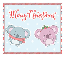Merry Christmas cute koala drawing with red berry candy frame card