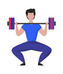 Man lifting heavy weight barbell. Cartoon male doing exercises with sport equipment. Isolated gym advertising template, workout tools and modern sportswear shop. Vector bodybuilding flat illustration
