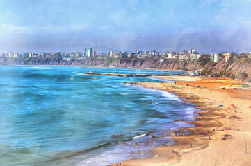 Lima cityscape from horrillos colorful painting, Pacific Ocean beach, Lima, Peru.