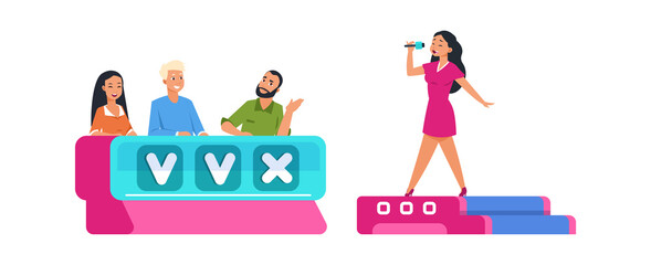 Television show. Cartoon young woman singing on stage, jury evaluates and gives marks. Talent search competition, broadcast or recording TV musical program in studio. Vector live streaming concept