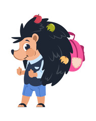 Cartoon hedgehog. Funny school animal with apples pricked on needles. Cute forest citizens in uniform with backpack for studying. Isolated childhood emblem template. Vector character illustration