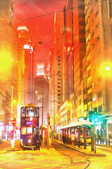 Street at night colorful painting, Hong Kong, China.