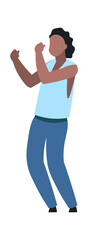 Dancing character. Cartoon happy dancer, young african man moving to music and waving hands. Musical festival event or party. People spend time in night disco club. Vector hobby isolated illustration