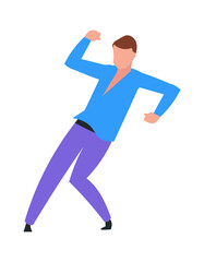 Dancing man. Cartoon young dancer in night disco club or musical festival event. Cute male active moving to music. Isolated choreographic school advertising template. Vector hobby flat illustration