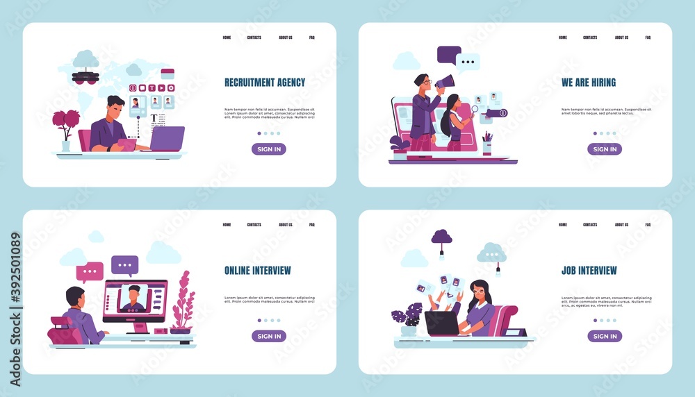 Poster recruitment landing page. job interview and employment search, concept of human resources and labor 
