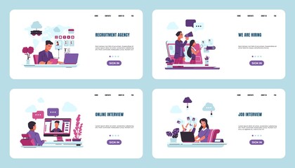 Obraz na płótnie Canvas Recruitment landing page. Job interview and employment search, concept of human resources and labor workers. Collection of website interfaces templates for HR agency. Vector online headhunter set