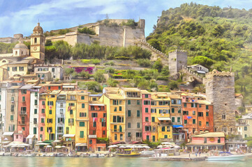 Portovenere cityscape, old town colorful painting, Liguria Italy.