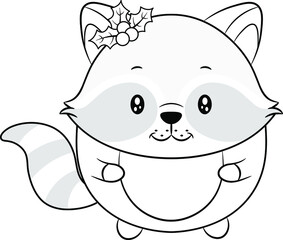 Merry Christmas cute racoon drawing sketch for coloring
