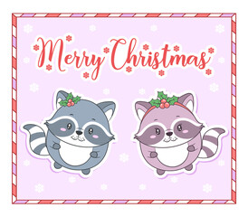 Merry Christmas cute racoon drawing with red berry candy frame card