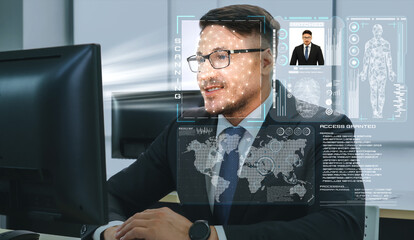 Facial recognition technology scan and detect people face for identification . Future concept interface showing digital biometric security system that analyze human face to verify personal data .