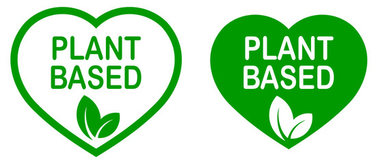Plant based vegan food product label. Green heart-shaped stamp. Logo or icon. Diet. Sticker. Vegetarian. Organic 
