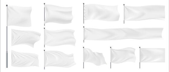 Realistic banner flags. 3D white blank textile signs and waving fabric for advertising. Isolated horizontal chrome steel stands hold empty canvases. Templates for logo and emblem, vector pennant set - obrazy, fototapety, plakaty