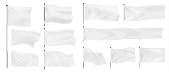 Fotobehang Realistic banner flags. 3D white blank textile signs and waving fabric for advertising. Isolated horizontal chrome steel stands hold empty canvases. Templates for logo and emblem, vector pennant set © SpicyTruffel