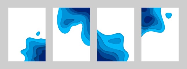 Paper cut sea posters. 3d ocean banners with papercut minimal gradient layout, blue origami geometric waves. Vertical abstract background design collection. Vector paper cutout flyers or brochures set