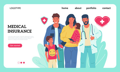 Medical insurance landing page. Clinical accident prevention service website interface with buttons, header and text, place for logo. Online consultation and patient appointment. Vector health care