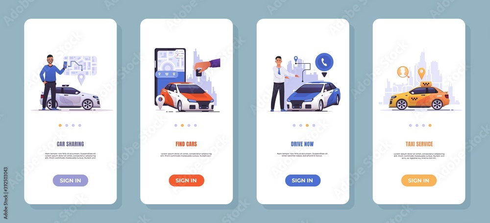 Aufkleber Car sharing app. Mobile application of taxi order service, vehicle rental and automobile remote control. Smartphone UI interface with touch screen buttons, header and text. Vector web pages set