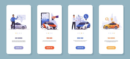 Car sharing app. Mobile application of taxi order service, vehicle rental and automobile remote control. Smartphone UI interface with touch screen buttons, header and text. Vector web pages set © SpicyTruffel