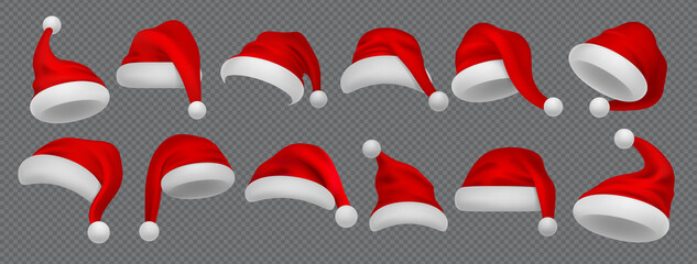 Santa Claus hat. Realistic Christmas and New Year red winter headdress with white fur and pompom. Isolated collection of photo decoration stickers on transparent background. Vector Xmas costume set