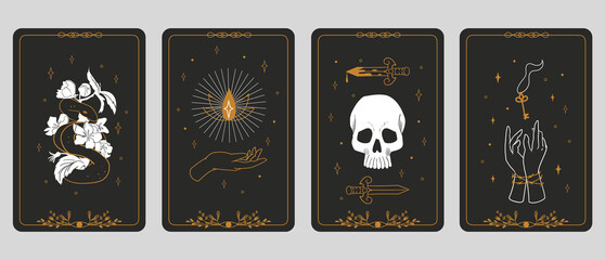 Tarot cards. Magic boho banners. Vintage spiritual signs, mystic or esoteric symbols. Fortune telling and predicting future. Retro posters with drawn skull, snake and hands. Vector occult flat set - obrazy, fototapety, plakaty