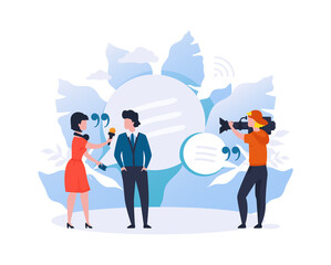 News reporters and talk show hosts. Cartoon woman with headset and microphone interviewing, cameraman shooting video. Live streaming on television channel, recording TV program. Vector media concept