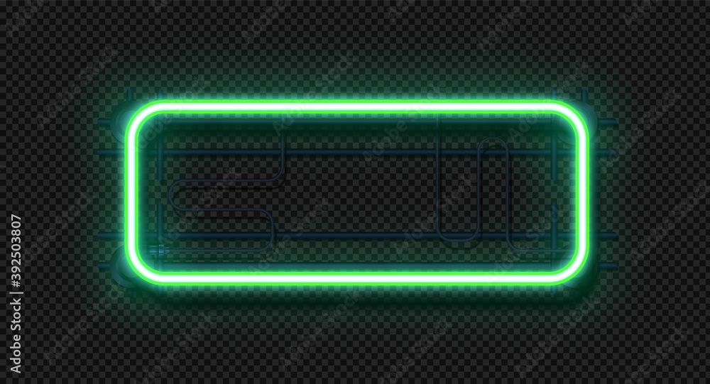 Leinwandbilder Neon rectangle lamp. Realistic electric signboard template. 3D retro light frame and wall mount. Blank square form with copy space on transparent background. Illuminated mockup, vector place for text